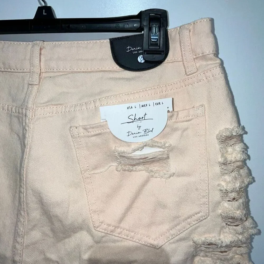 Denim Blvd Los Angeles Womens Light Pink Distressed Frayed Jean Shorts Large NWT